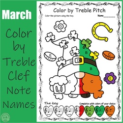 Image for St. Patrick`s Day Music Coloring Pages | Color by Treble Clef Note Names product