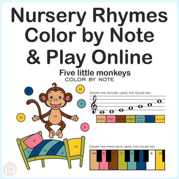 Five Little Monkeys Nursery Rhythm | Online Music Game & Color By Note Worksheet