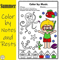 Image for Summer Color by Notes and Rests Music Worksheets product