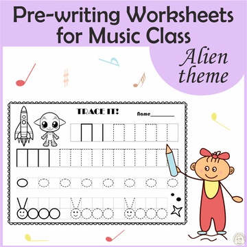 Pre-writing Worksheets for Music Class | Alien Theme