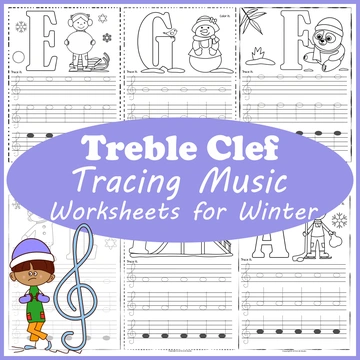 Treble Clef Tracing Music Notes Worksheets for Winter