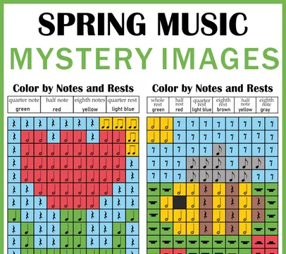 Spring Music Activites - Color by Note Mystery Pictures