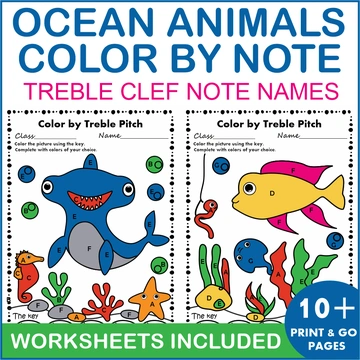 Ocean Animals Color by Treble Clef Note Names Pages and Worksheets