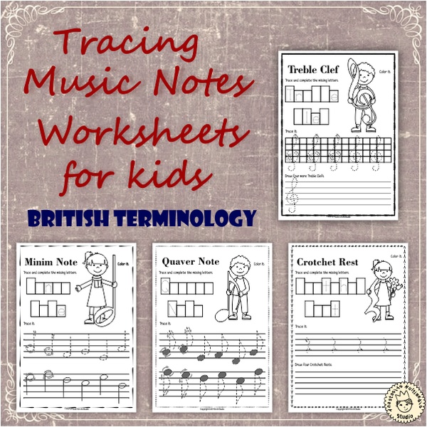 Tracing Music Notes Worksheets for kids {British Terminology}