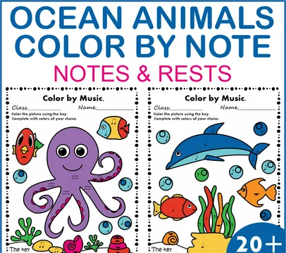 Ocean Animals Music Coloring Pages & Worksheets | Color by Notes and Rests