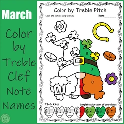 Image for St. Patrick`s Day Music Coloring Pages | Color by Treble Clef Note Names product