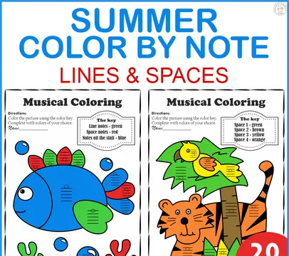 Musical Coloring pages for Summer {Color by Lines and Spaces} with answers