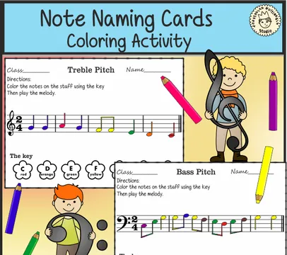 Music Note Naming Cards Coloring Activity