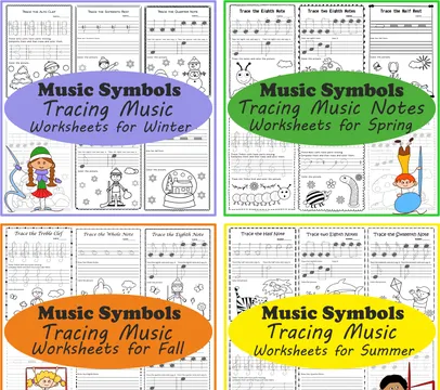 Music Notes and Symbols Tracing Worksheets Seasons Bundle