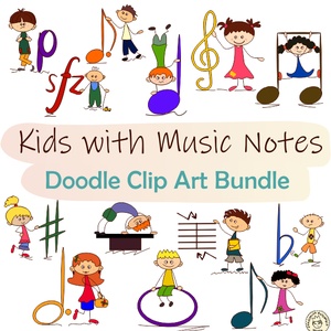Kids with Music Notes Doodle Clipart Bundle