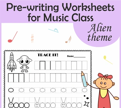 Pre-writing Worksheets for Music Class | Alien Theme