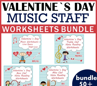 Valentine`s Day Music Staff Worksheets Bundle