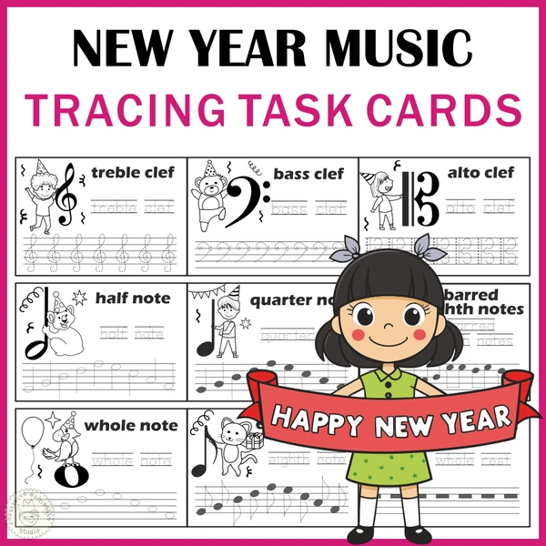 Music Tracing Task Cards for New Year