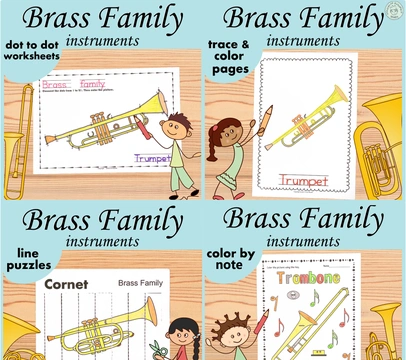 Brass Family Instruments Music Coloring Activities for Kids | Bundle