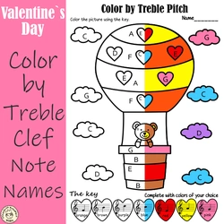 Image for Valentine’s Day Music Color by Treble Clef Note Names Worksheets product