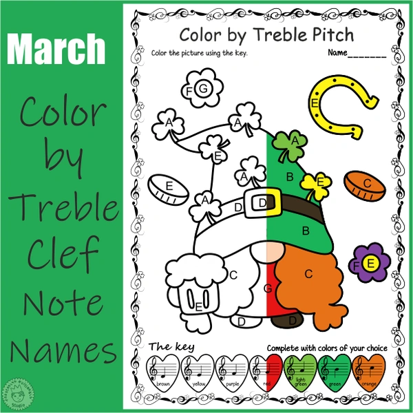 St. Patrick`s Day Music Coloring Pages | Color by Treble Clef Note Names