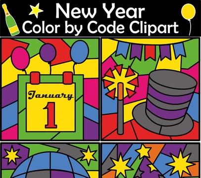 Happy New Year 2025 Color by Code Clipart