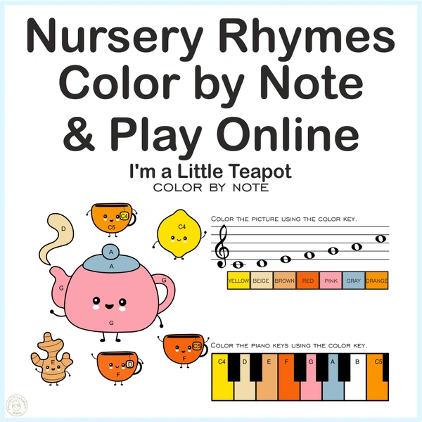 I`m a Little Teapot Nursery Rhythm | Online Music Game & Color By Note Sheet