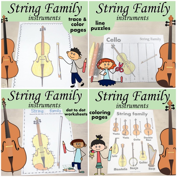 String Family Instruments Coloring Activities Bundle