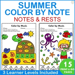Image for Summer Color by Notes and Rests Music Worksheets product
