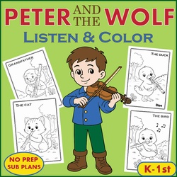 Image for Peter and the Wolf Fun Listening & Coloring Music Worksheets for Kindergarten product
