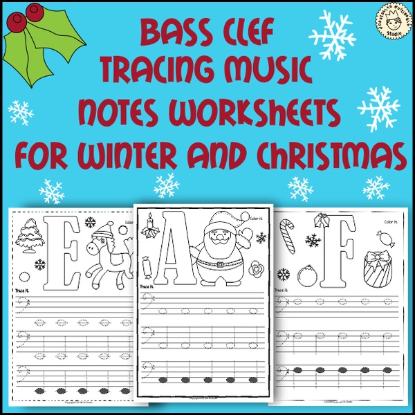 Bass Clef Tracing Music Notes Worksheets for Winter and Christmas