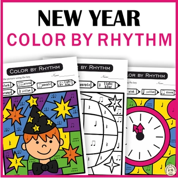 Happy New Year Color by Music Rhythm Worksheets