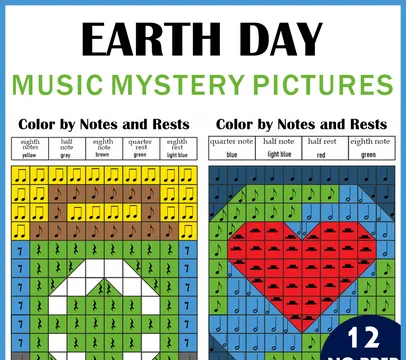 Earth Day Music Color by Note Mystery Pictures | Rhythm Worksheets | Levels 1-2