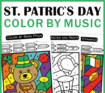 St. Patrick`s Day Music Color by Code Pages | Notes Rests Dynamics Treble & Bass