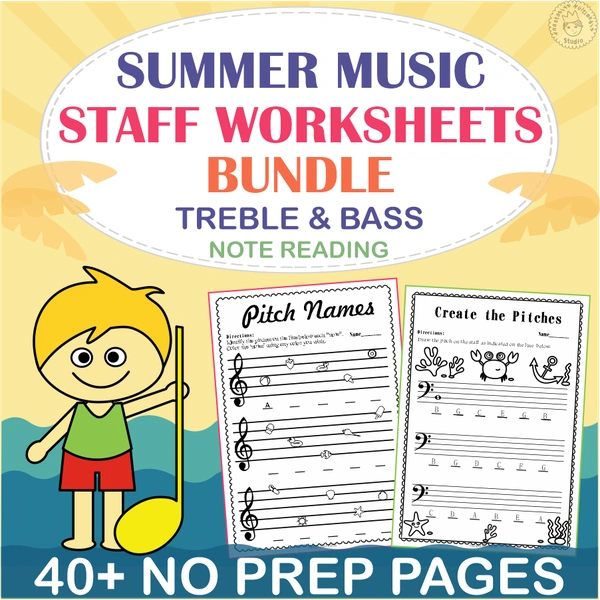 Summer Staff Music Worksheets Bundle