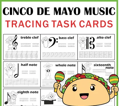 Cinco de Mayo Music Tracing Task Cards | Notes, Rests & Clefs Worksheets