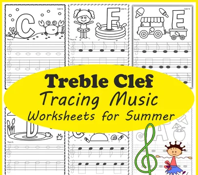 Treble Clef Tracing Music Notes Worksheets for Summer