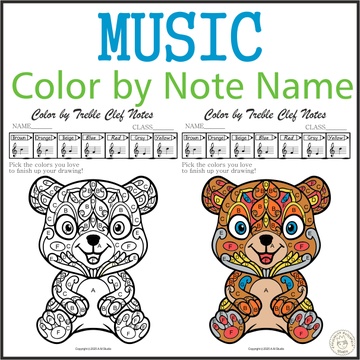 Music Coloring by Treble Clef Note Names Sheet | Mandala Style | Cute Bear