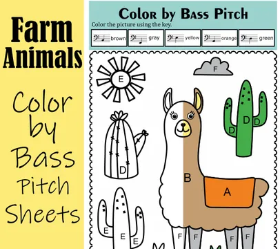 Farm Animals Music Coloring Sheets | Color by Bass Clef Note Names