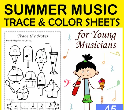 Summer Trace and Color Music Worksheets