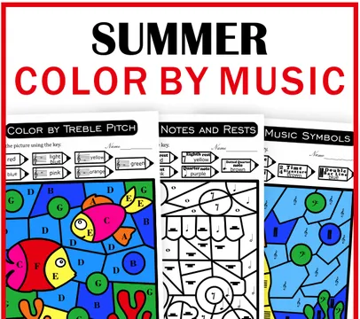 Summer Music Color by Code Pages | Notes Rests Dynamics Treble & Bass