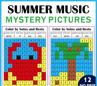 Summer Music Color by Note Mystery Pictures | Rhythm Worksheets | Levels 1-2