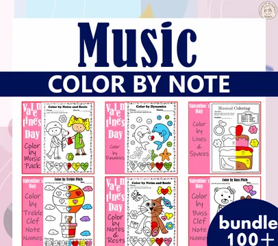 Valentine`s Day Music Coloring Activities Bundle | Color by Note