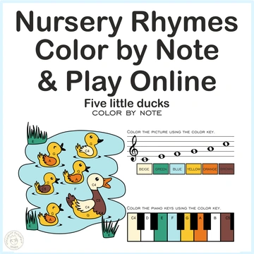 Five Little Ducks Nursery Rhythm | Online Music Game & Color By Note Whorksheet