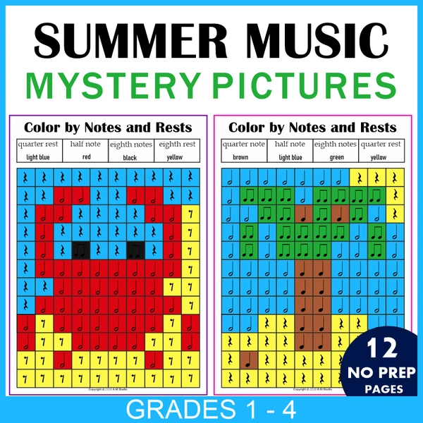 Summer Music Color by Note Mystery Pictures | Rhythm Worksheets | Levels 1-2