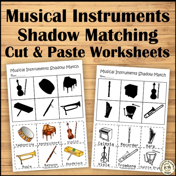 Musical Instruments Shadow Matching Cut and Paste Worksheets