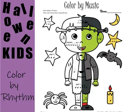 Kids in Halloween Costumes Color by Rhythm | Music Math Worksheets