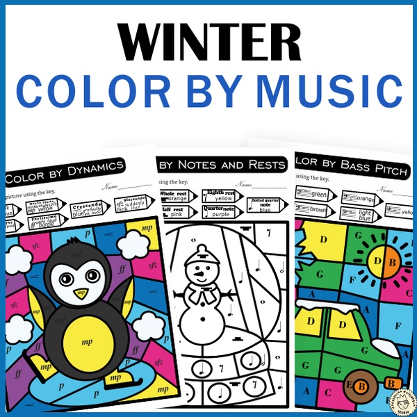 Winter Music Color by Code Pages | Notes Rests Dynamics Treble & Bass