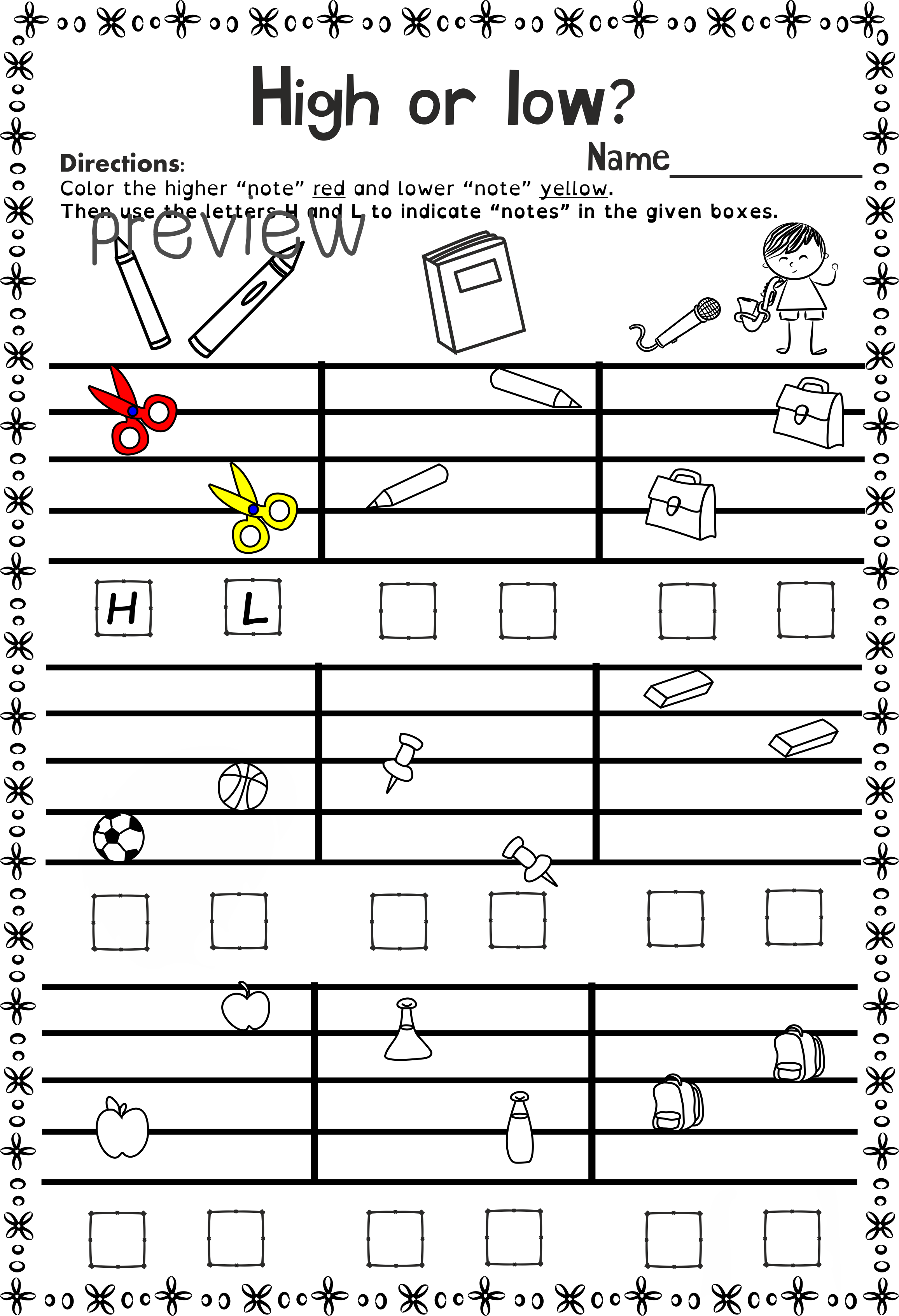 Back to School Music Worksheets (Line-Space, High-Low) (img # 4)