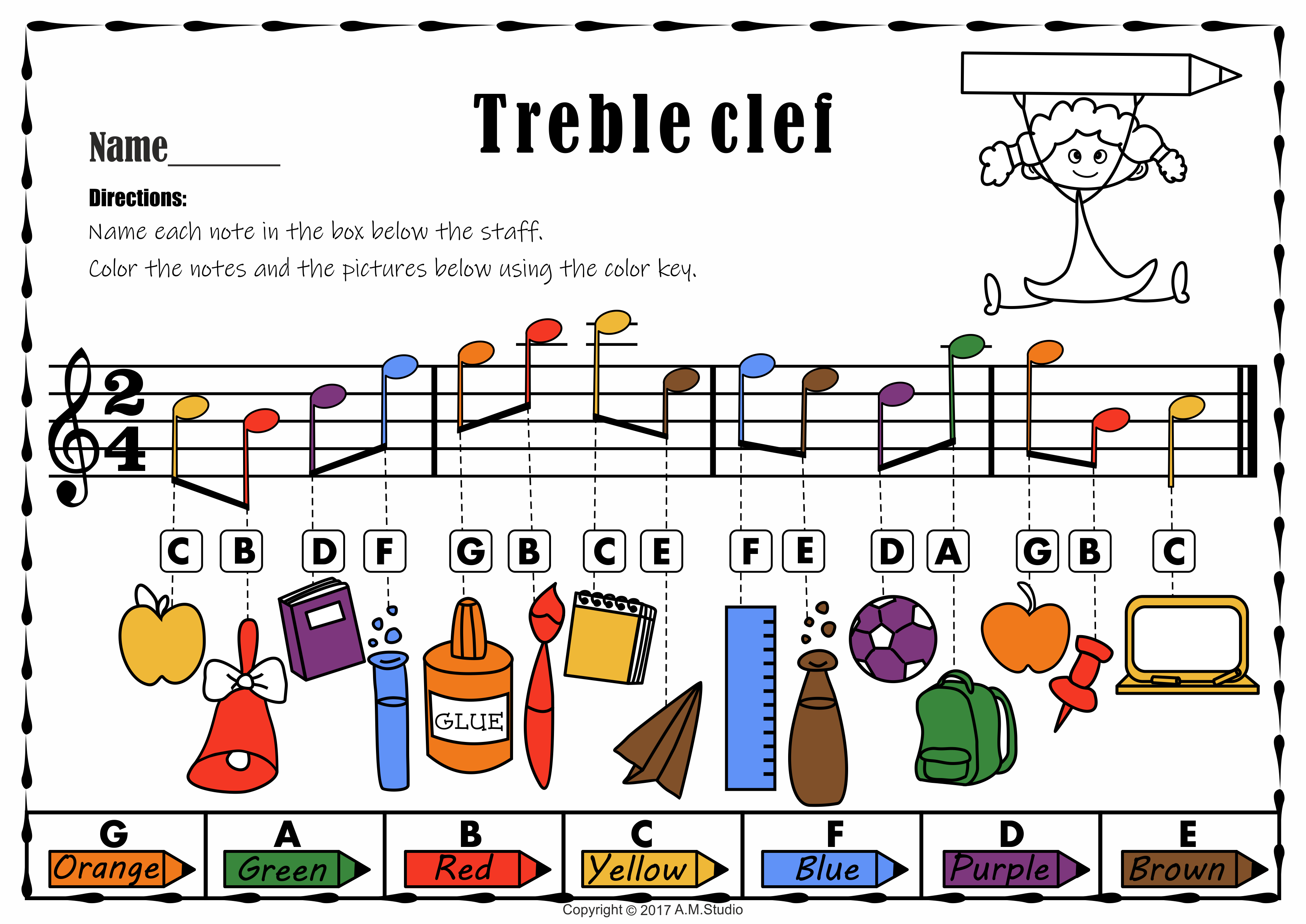 Back to School Treble Clef Note Naming Practice Worksheets (img # 3)