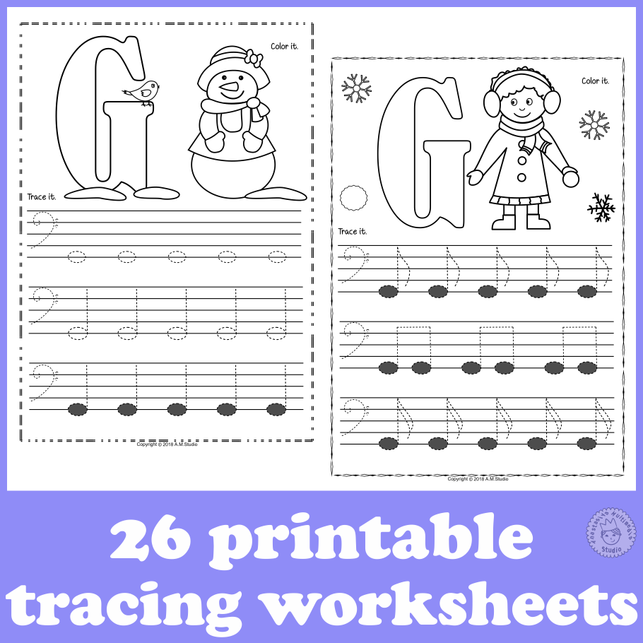 Bass Clef Tracing Music Notes Worksheets for Winter (img # 1)