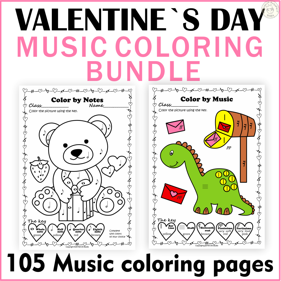 Valentine`s Day Music Coloring Activities Bundle | Color by Note (img # 1)