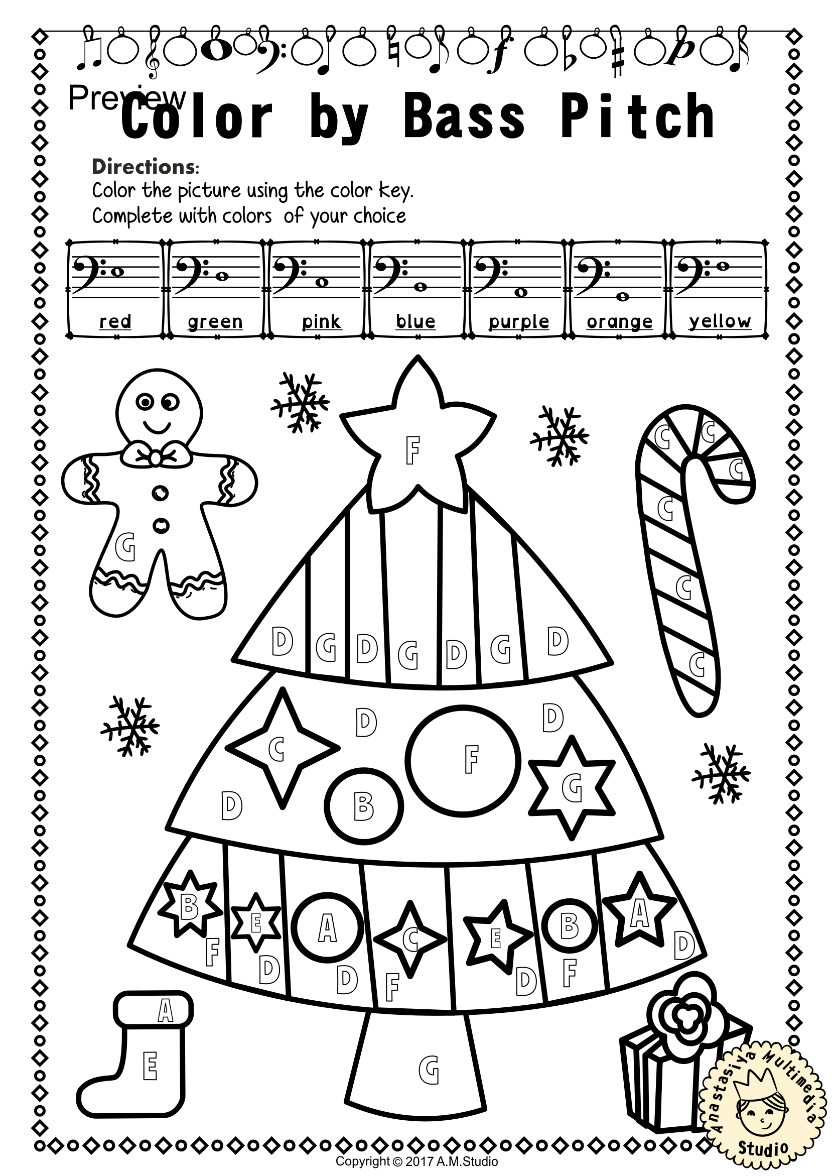 Christmas Bass Clef Note Reading Worksheets - Anastasiya Multimedia Studio