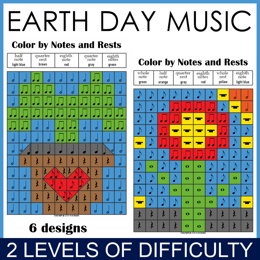 Earth Day Music Color by Note Mystery Pictures | Rhythm Worksheets | Levels 1-2 (img # 1)