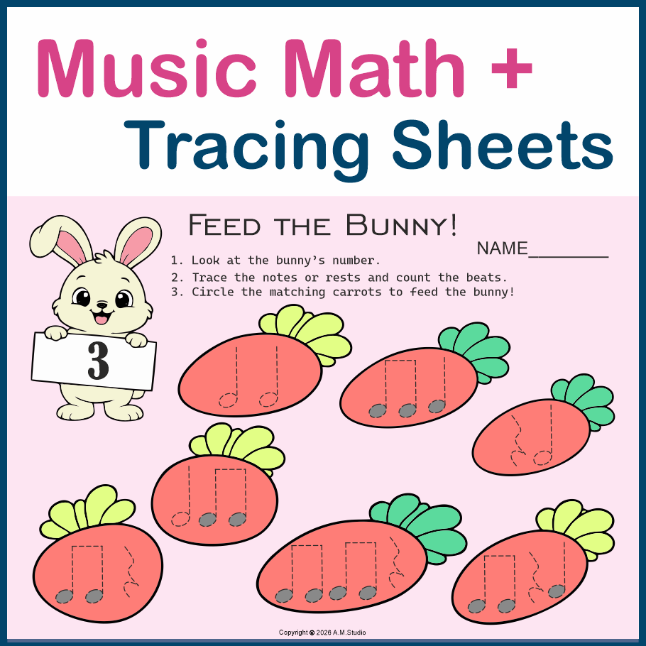 Easter Music Rhythm Worksheet | Feed the Bunny | Music Math + Tracing Sheets (img # 1)